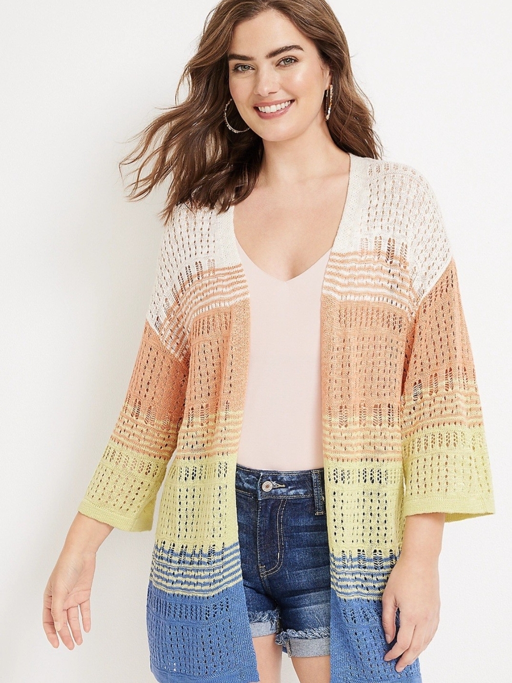 Maurices NWOT 1X Open-Knit Striped Cardigan — Cream, Peach, Yellow & Blue